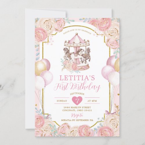 Pink and Gold Magical Carousel Birthday Invitation