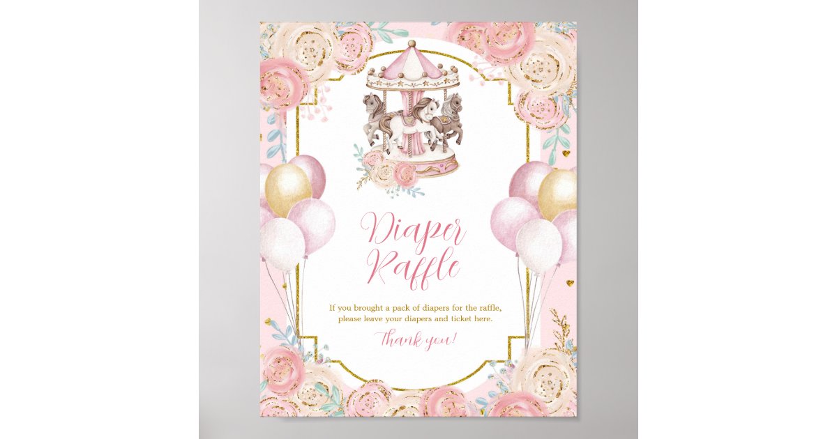 Pink and Gold Magical Carousel Diaper Raffle Sign | Zazzle