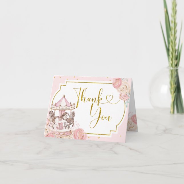 Pink and Gold Magical Carousel Thank You Card (Front)