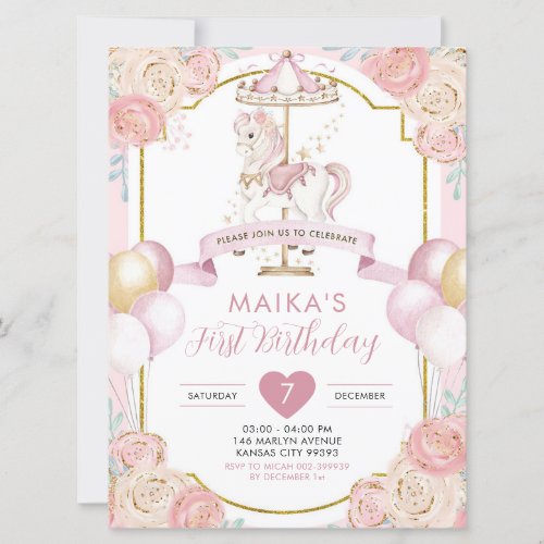 Pink and Gold Magical Girl Carousel Birthday Invitation