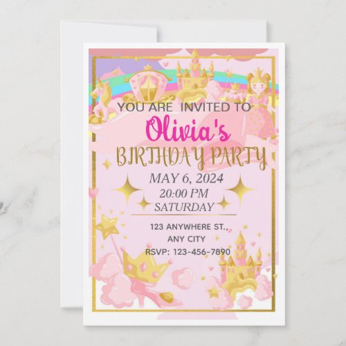 Pink and Gold Magical Princess Birthday Party  Invitation