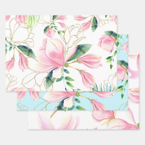 Pink and Gold Magnolia Floral Watercolor Wrapping Paper Sheets