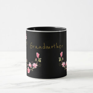 Pink and Gold Magnolia on Black Grandmother Mug