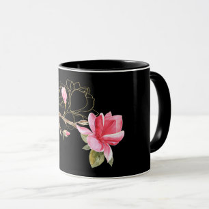 Pink and Gold Magnolia on Black Mug