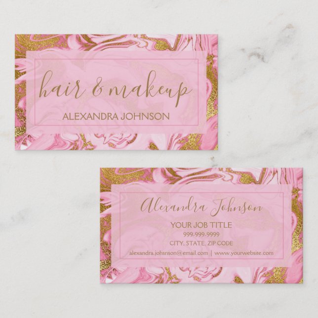 Pink and Gold Marble Hair and Makeup Business Card (Front/Back)