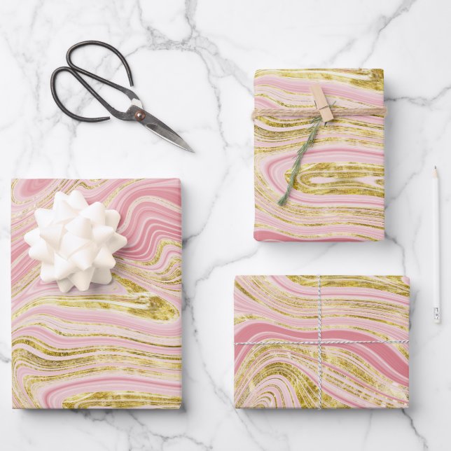 Pink and Gold Marble Look Wrapping Paper Sheets (Front)