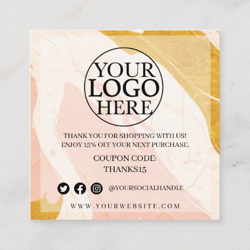 Pink and Gold Marble Modern Thank You Discount  Sq Square Business Card
