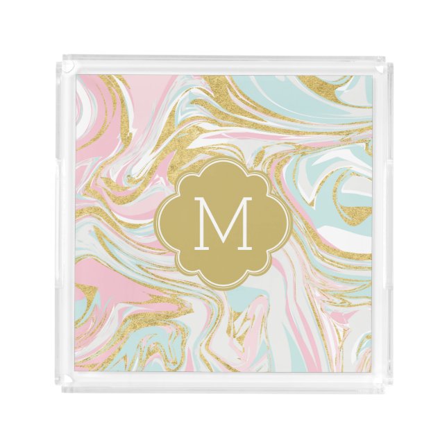 Pink and Gold Marble Swirls Monogrammed Acrylic Tray (Front)