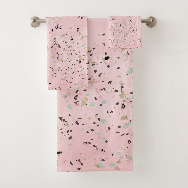 Pink and Gold Marble Terrazzo Bath Towel Set (Insitu)