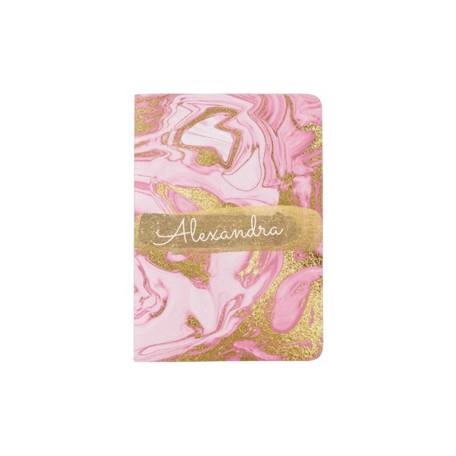 Pink and Gold  Marble with Gold Foil and Glitter Passport Holder (Front)