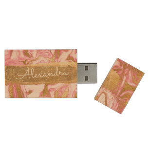 Pink and Gold Marble with Gold Foil and Glitter Wood Flash Drive
