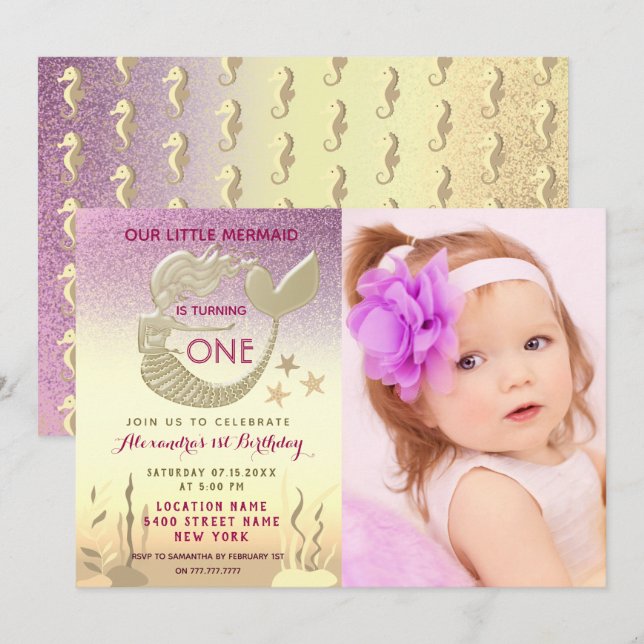 Pink and Gold Mermaid 1st Birthday Invitation (Front/Back)