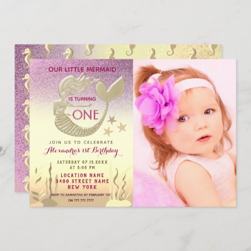 Pink and Gold Mermaid 1st Birthday Invitation