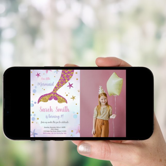 Pink and Gold Mermaid Glitter Tail Birthday Invitation (Front Digital)