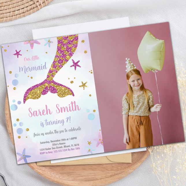 Pink and Gold Mermaid Glitter Tail Birthday Invitation (Pink and Gold Mermaid Glitter Tail Invitations pho)