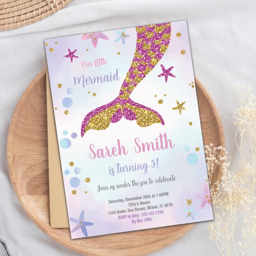 Pink and Gold Mermaid Glitter Tail Invitation
