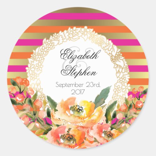 Pink and Gold Metallic Stripes w Florals Wedding Classic Round Sticker