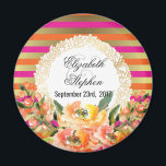 Pink and Gold Metallic Stripes w/ Florals Wedding Magnet<br><div class="desc">A fancy magnet for your wedding with an elegant pattern composed of pink,  orange and faux gold metallic horizontal stripes. Layered over top is a frame with a gold decorative border with a white center. Pink and orange watercolor flowers decorate the bottom.</div>