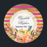 Pink and Gold Metallic Stripes w/ Florals Wedding Magnet<br><div class="desc">A fancy magnet for your wedding with an elegant pattern composed of pink,  orange and faux gold metallic horizontal stripes. Layered over top is a frame with a gold decorative border with a white center. Pink and orange watercolor flowers decorate the bottom.</div>