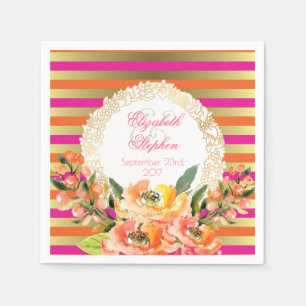 Pink and Gold Metallic Stripes w/ Florals Wedding Napkins