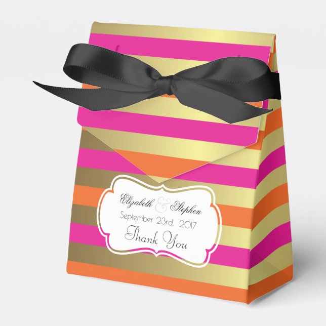 Pink and Gold Metallic Stripes Wedding Thanks Favor Boxes (Front Side)