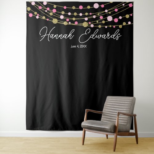 pink and gold milestone birthday party banner tapestry