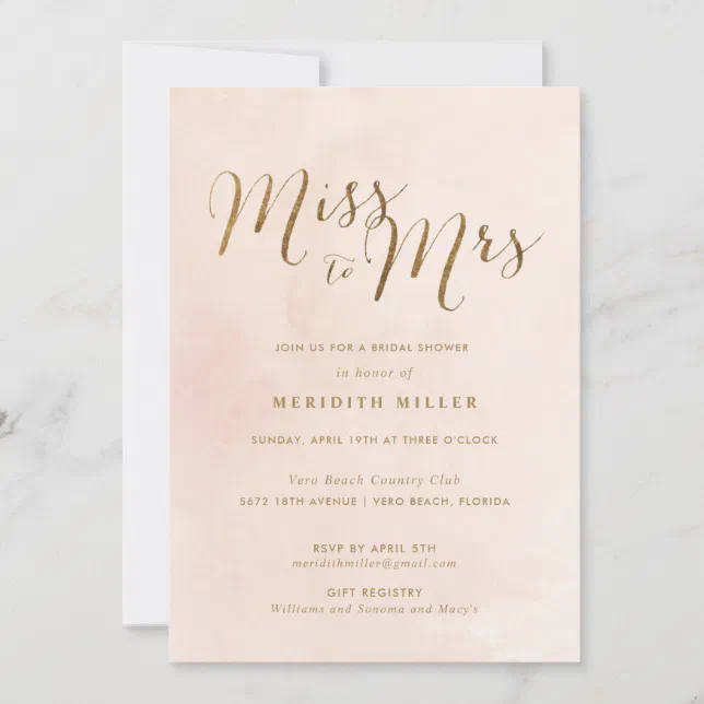 Pink and Gold Miss to Mrs Bridal Shower Party Invitation | Zazzle