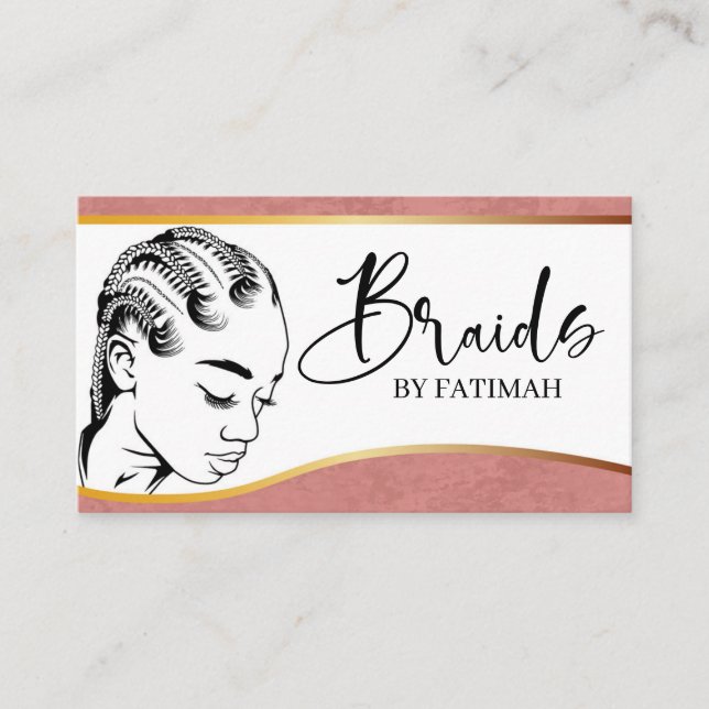 Pink and Gold Modern Hair Braiding Salon Business  Card (Front)