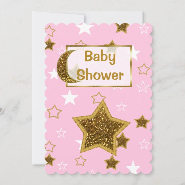 Pink and Gold Moon and Stars Baby Shower Invites (Front)