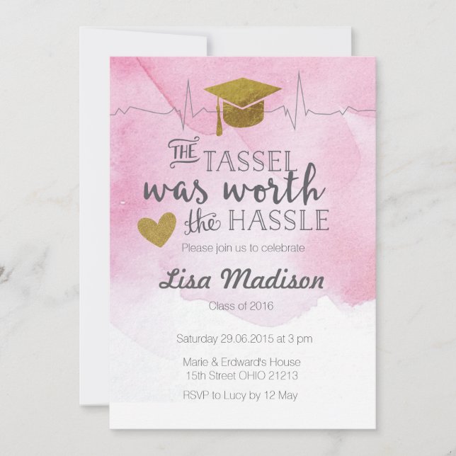Pink and Gold nurse graduation Invitation (Front)