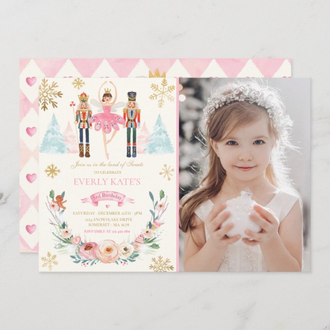 Pink And Gold Nutcracker Birthday Sugar Plum Fairy Invitation (Front/Back)