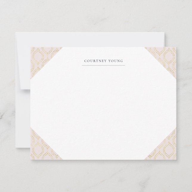 Pink and Gold Ogee Monogrammed Stationery Note Card (Front)