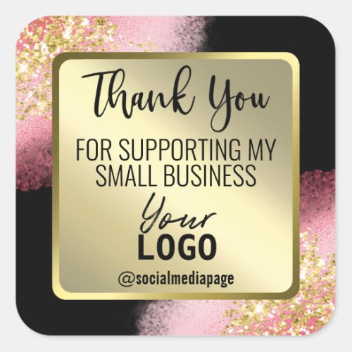Pink And Gold On Black Thank You Business Logo Square Sticker