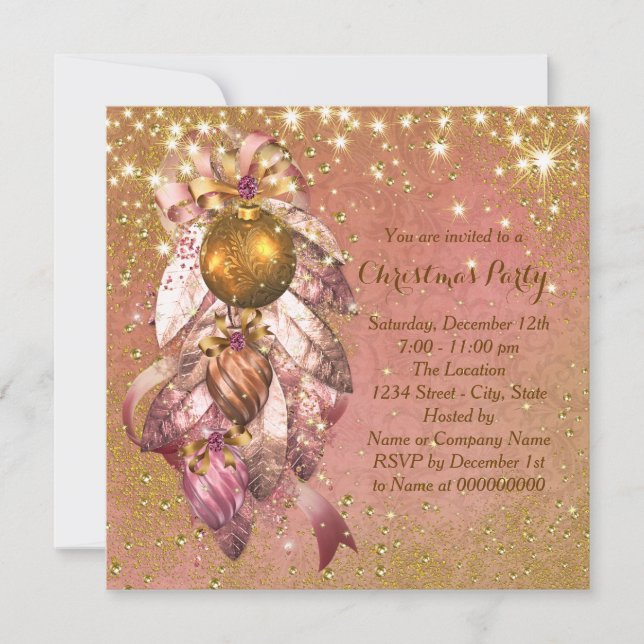 Pink and Gold Ornament Christmas Party Invitation (Front)