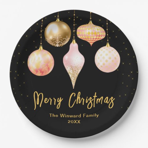 Pink and Gold Ornaments Merry Christmas Paper Plates