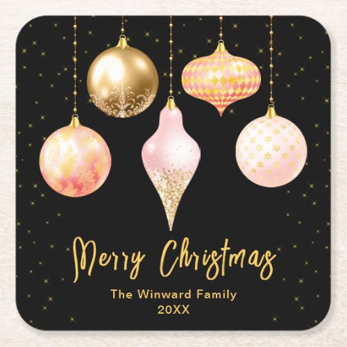 Pink and Gold Ornaments Merry Christmas Square Paper Coaster