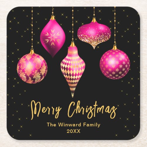 Pink and Gold Ornaments Merry Christmas Square Paper Coaster