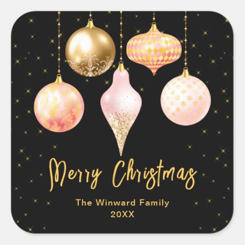 Pink and Gold Ornaments Merry Christmas Square Sticker
