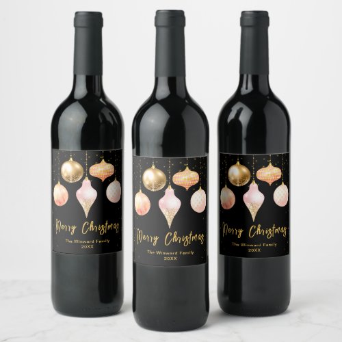 Pink and Gold Ornaments Merry Christmas Wine Label