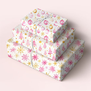 Pink and Gold Ornaments, Trees and and Snowflakes Wrapping Paper Sheets