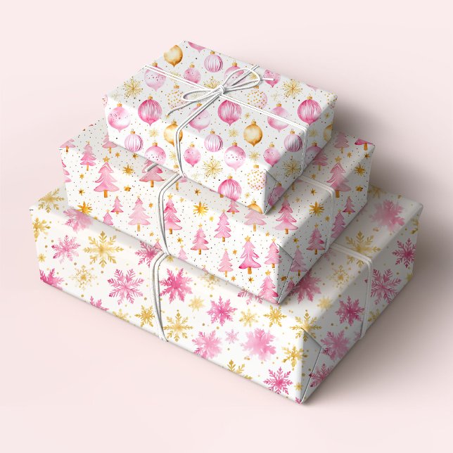 Pink and Gold Ornaments, Trees and and Snowflakes Wrapping Paper Sheets (Creator Uploaded)