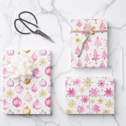 Pink and Gold Ornaments Trees and and Snowflakes Wrapping Paper Sheets