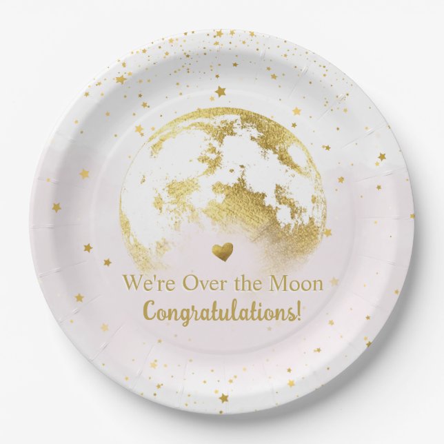 Pink and Gold Over the Moon Baby Shower Paper Plates (Front)
