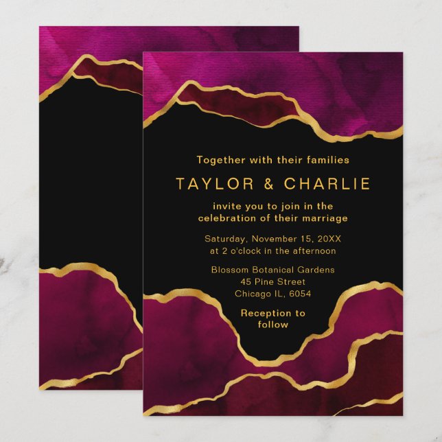 Pink and Gold Painted Agate Wedding Invitation (Front/Back)