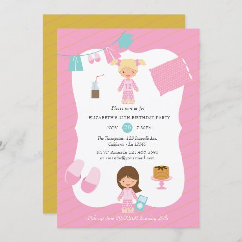 Pink and Gold Pajama Pancake Girl Birthday Party Invitation