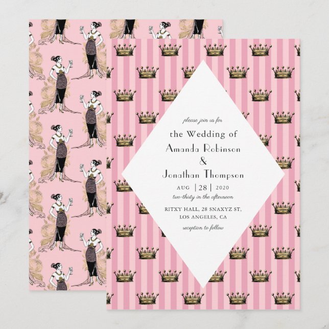 Pink and Gold Paris Art Deco Wedding Invitation (Front/Back)