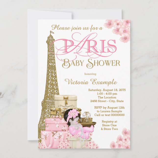 Pink and Gold Paris Baby Shower Invitations (Front)