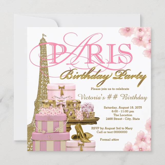 Pink and Gold Paris Birthday Party Invitation (Front)