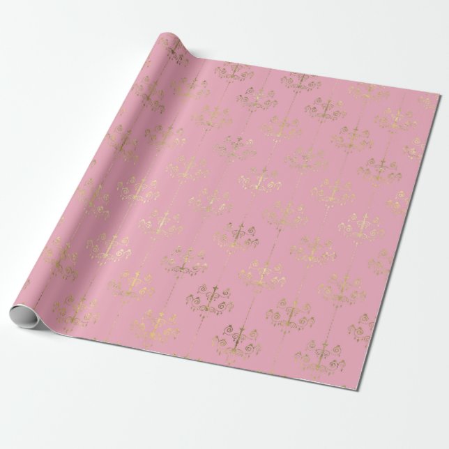 Pink and Gold Paris Foil Chandelier Pattern Wrapping Paper (Unrolled)