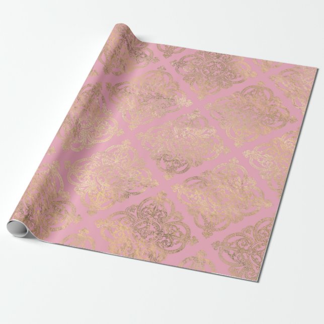 Pink and Gold Paris Foil Damask Wrapping Paper (Unrolled)